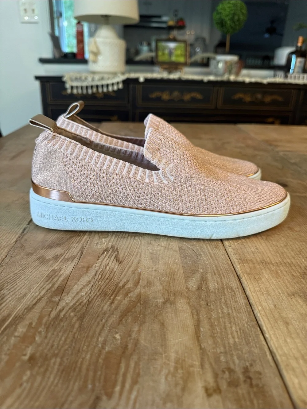 Michael Kors Blush Knit Slip-On Sneakers with Rose Gold Trim